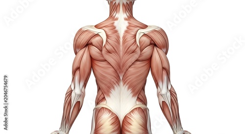 Anatomical illustration of human muscular system front view.