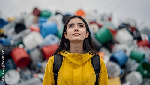 Young woman standing before a large plastic waste pile highlighting environmental pollution sustainability challenges and recycling awareness
