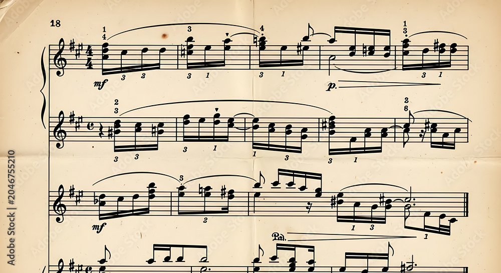 Fototapeta premium Hand drawn piano music sheet with notes and lines for classical or study use