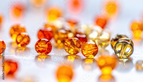 Warm Orange and Yellow Faceted Glass Beads Scattered on a Textured Surface in Macro Detail
