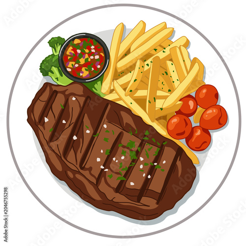 Grilled beef steak with french fries and vegetables on a plate