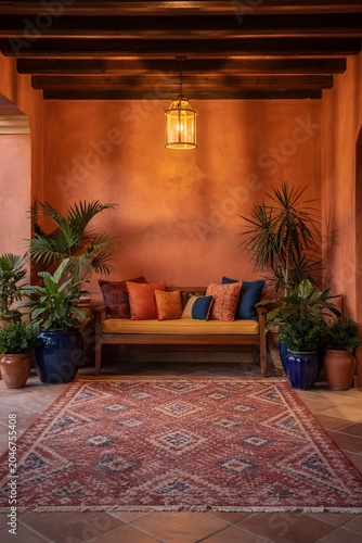 Elegant Mediterranean courtyard interior with wooden bench decorative rug and lush potted plants creating a warm inviting atmosphere
