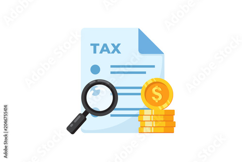 vector illustration of Tax Document With Magnifying Glass and Stacked Coins Representing Financial Audit and Money Management.