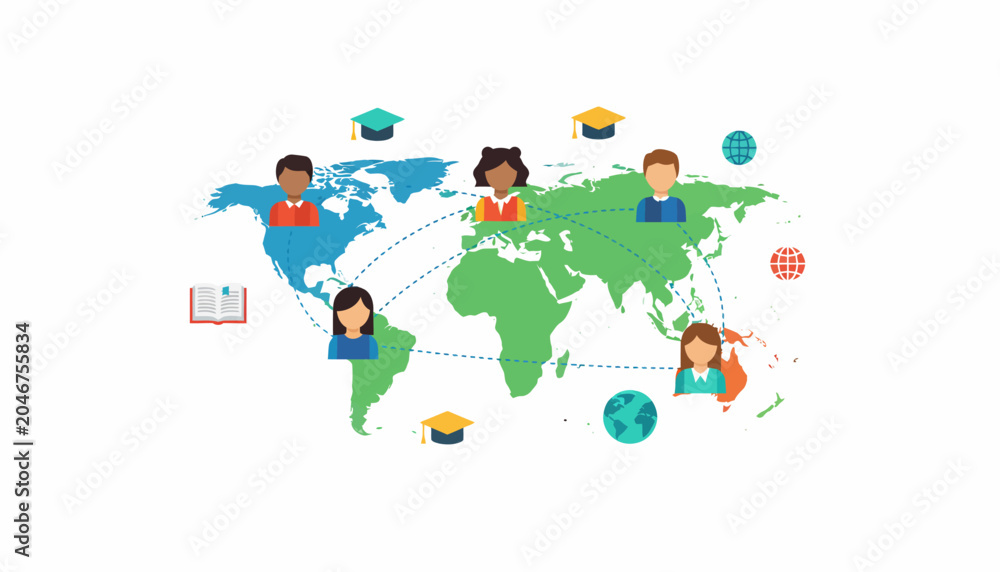 Naklejka premium Diverse students connected globally on a world map, symbolizing education and international learning opportunities
