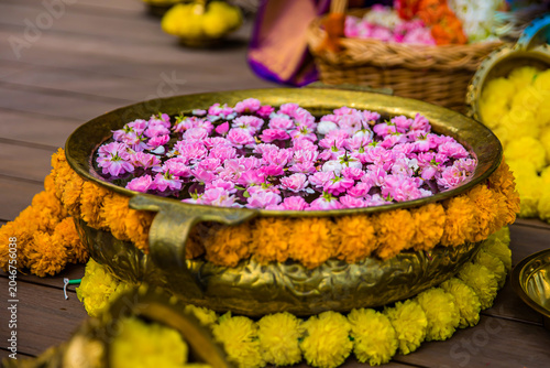 Quadro su tela Indian Hindu traditional wedding ceremony ritual items close up