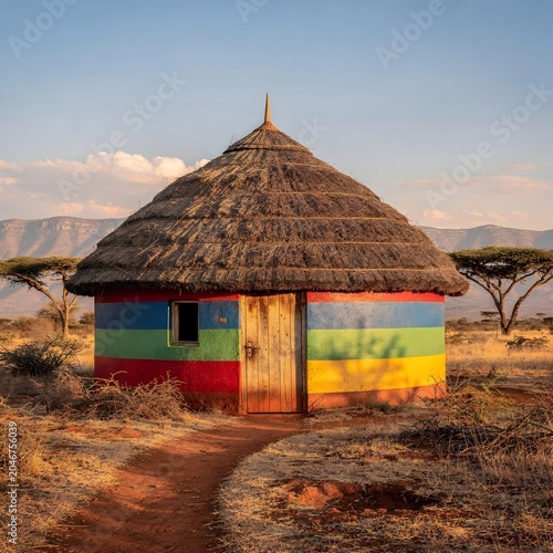 Traditional African round hut with colorful painted walls in a dry savanna landscape under warm golden light and clear sky
