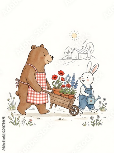 Charming Bear and Bunny Gardening Together in a Sunny Meadow.