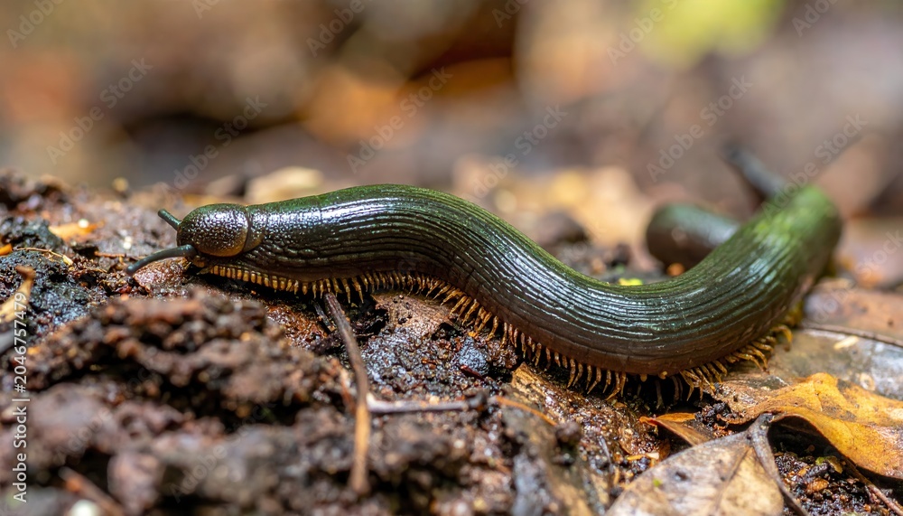 Obraz premium Centipede with Many Legs Crawling Slowly Across Damp Forest Soil in Macro Detail