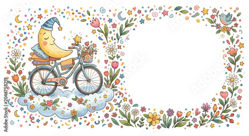 Fotografi A whimsical crescent moon in a nightcap rides a flower-filled bicycle across a cloud, framed by vibrant stars, confetti, and blooming flowers