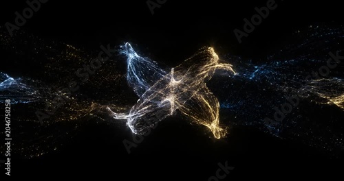 Abstract blue and gold particles flowing in dark space, energy collision motion background
