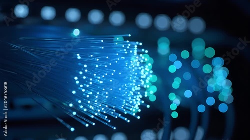 Close up of blue fiber optic cables for high speed data transmission
