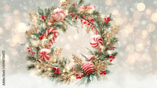 Festive Hand-Drawn Cartoon Wreath with Candy and Holiday Decor