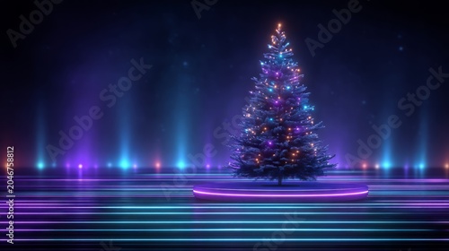 Neon Lights Create Vibrant New Year Celebration with Holographic Tree