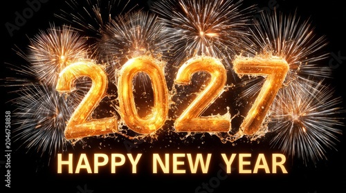 Celebration of New Year 2027 with Explosive Golden Fireworks