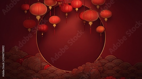 Glowing Golden Lanterns in a Stunning Red Background Composition