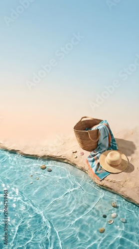 Wicker bag with towel and straw hat on sandy beach by clear blue water. Summer travel vacation mood. Holiday relaxation by ocean shore. Seaside leisure scene with copy space.