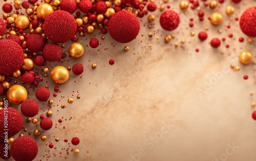 Festive Clusters of Red and Gold Decorations on a Beige Background