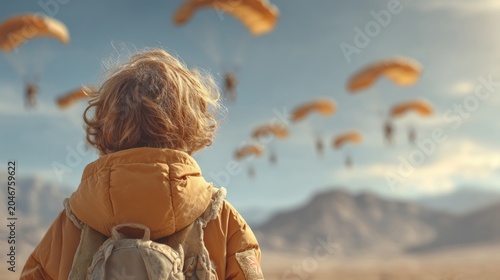 Child Observing Group of Skydivers Descending from Bright Sky