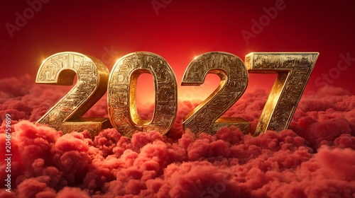 Majestic Golden Numbers 2027 Rising Amidst Clouds at Dusk