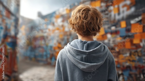 Child Staring at Colorful Mural in Urban Setting from Behind