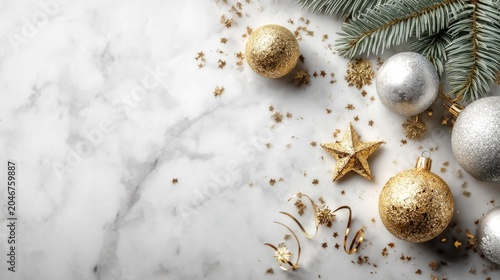 Elegant Christmas and New Year Flat Lay on White Marble Background