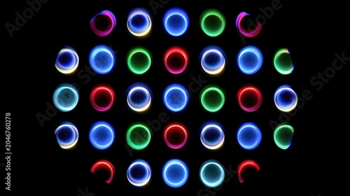 Colorful abstract glowing circles in geometric grid pattern on black background, futuristic digital art for backgrounds, tech design, presentations, or creative projects