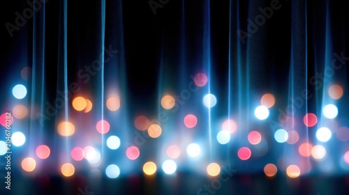 Vibrant bokeh stage lights and dramatic curtain background for festive parties, concerts, or theatrical performances, colorful blurred glowing orbs create dynamic event atmosphere