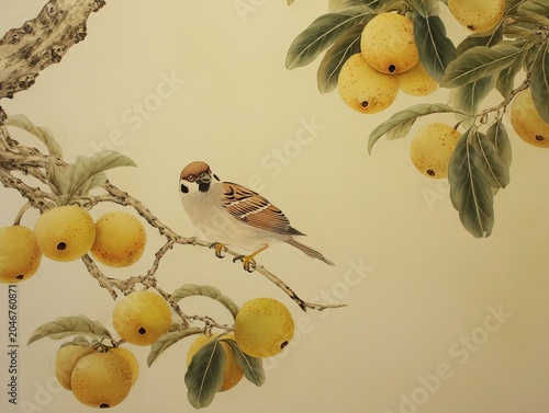 Elegant Bird and Loquat Artwork in Classical Chinese Painting Style on Beige Background