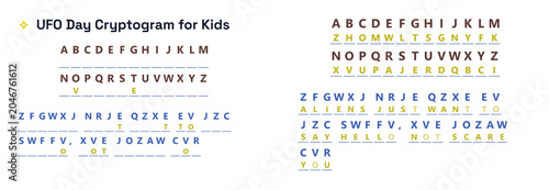 UFO Day Cryptogram for Kids featuring alphabet and code  