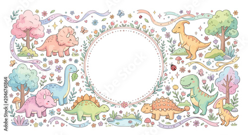 Tableau sur toile A charming vector frame featuring a collection of cute, pastel dinosaurs, blooming flowers, and whimsical ribbons in a soft, storybook style