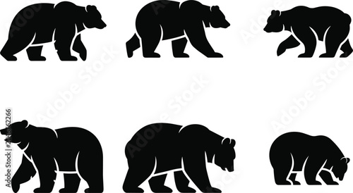 Canvastavla Black bear silhouettes vector icon set with grizzly and polar bears walking isol