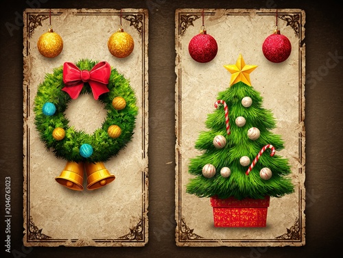 Vintage textured paper dark brown ornate corners vertical banners left Christmas wreath red bow blue yellow bells right Christmas tree gold star candy canes gift bag