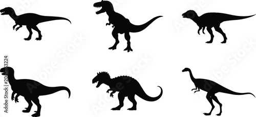Fotografie Black dinosaur silhouettes vector graphic set featuring predatory theropods tyra