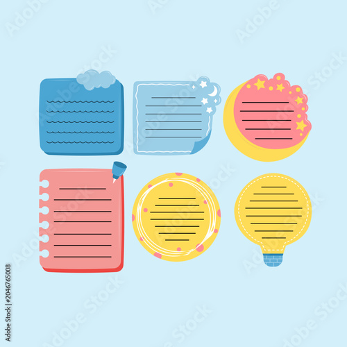 Colorful Sticky Notes and Light Bulb Icons Flat Vector Illustration Set for Planners and Journals