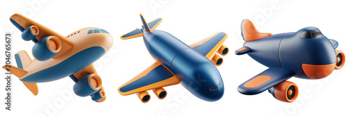 Three 3d Icon Stylized Cargo Airplanes on White Background