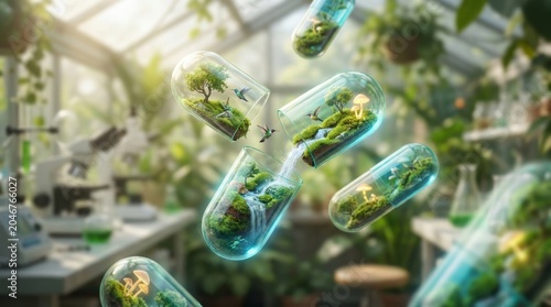 Miniature ecosystems inside floating medicinal capsules in a greenhouse