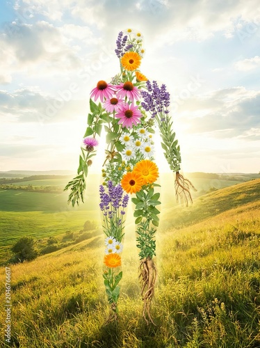 Human silhouette made of medicinal herbs and flowers in a sunny meadow
