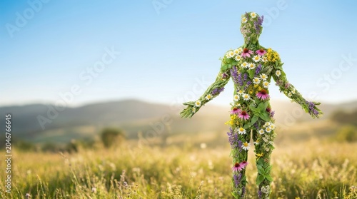 Human figure made of various wild flowers and medicinal herbs in a field