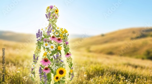 Human silhouette made of various colorful wildflowers in a sunny meadow