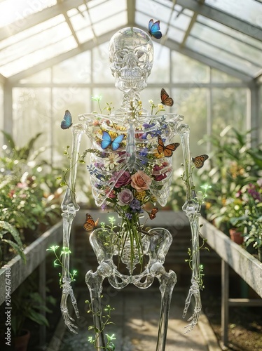 Glass human skeleton filled with colorful flowers and butterflies in greenhouse
