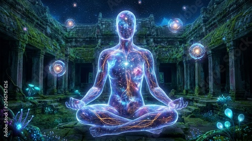 Cosmic human silhouette meditating in ancient stone temple ruins