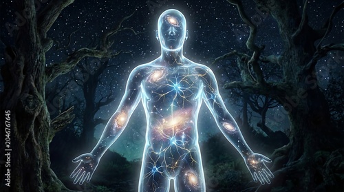 Cosmic human silhouette with galaxies and neural network connections