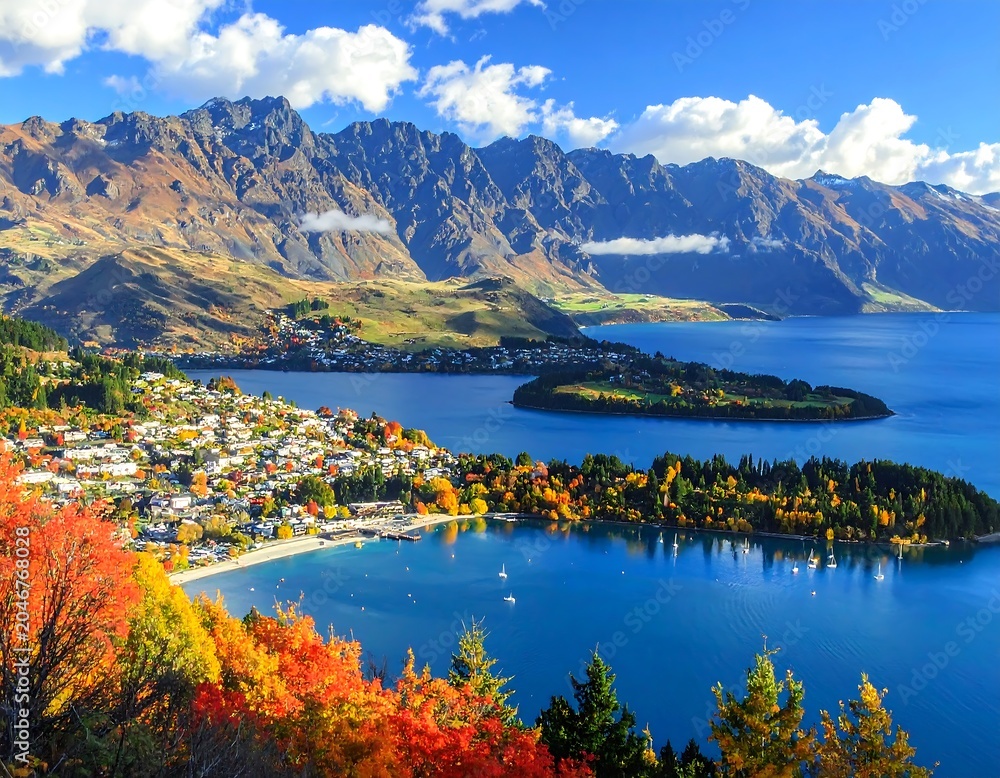 Fototapeta premium A vibrant scenic vista showcasing a tranquil, deep blue lake reflecting surrounding mountainous terrain and a town. Autumn colors are visible