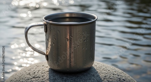 Classic Metal Cup Nestled by Calm Water with Morning Reflections