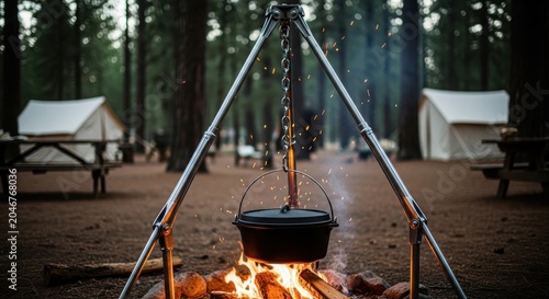 Camping Tripod Holds Pot Over Fire for Outdoor Cooking Experience