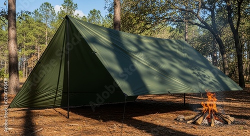 Durable Nylon Tarp Provides Outdoor Shelter in Forest Environment