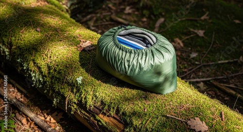 Lightweight Nylon Stuff Sack Storing Camping Gear on Mossy Log