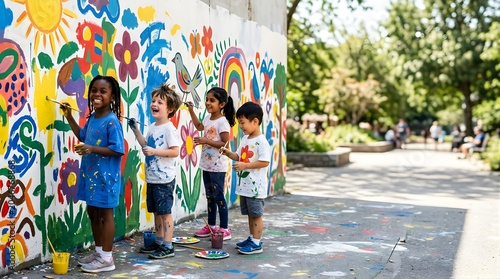 Diverse children painting a colorful mural together on an outdoor wall
