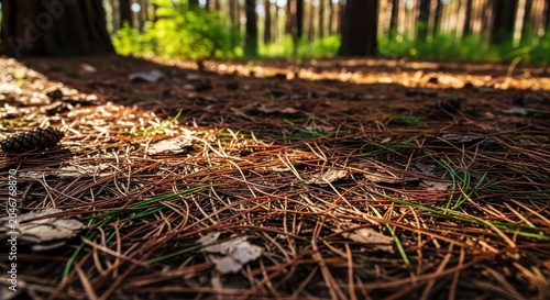 Pine Needles Covering Forest Floor Under Sunlight with Greenery