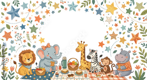 Photography A group of cute cartoon safari animals including a lion, elephant, and giraffe enjoy a picnic on colorful blankets surrounded by stars and flowers